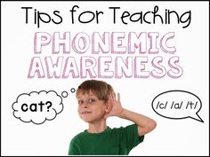 a young boy with his hand up to his ear and the words phonemic awareness