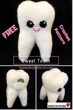 crocheted tooth with eyes and mouth is shown in three different stages to make it look