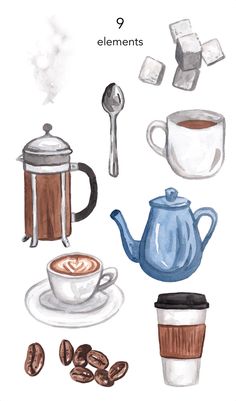 watercolor painting of coffee and tea with the words elements on it in white background