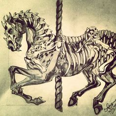 a pencil drawing of a skeleton riding a carousel horse with a long horn on it's back