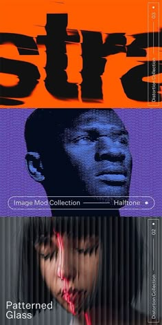 three different posters with the same image on one side and an orange, blue, and purple background