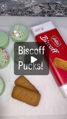 some doughnuts and other treats are on the counter with text biscoff picks