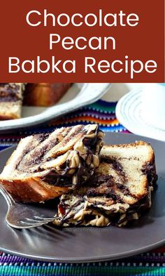 chocolate pecan babka recipe on a plate with a fork next to it