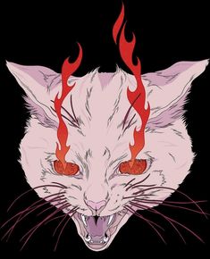 a white cat with red flames on it's head and its mouth is open