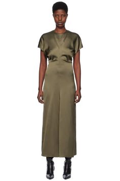 TOTEME: Khaki Slouch Waist Maxi Dress | SSENSE Work Dress, Satin Dress, Satin Dresses, Dresses For Work, Maxi Dress, Satin, Crew Neck, Free Shipping