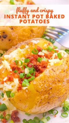 two baked potatoes on a plate with green onions and seasoning sprinkles