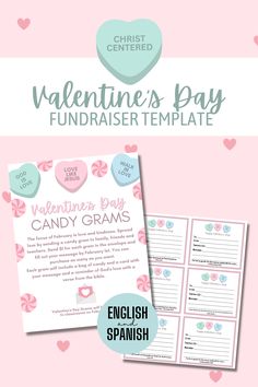 the valentine's day fundraiser flyer is shown with hearts and candy