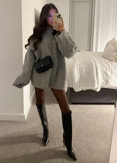 22+ Insanely Chic Sweater Dress Outfit Ideas You Must Copy This Winter — ASHLINA KAPOSTA Sweater And Stockings Outfit, Cardigan And Knee High Boots Outfit, Fall Knit Outfit, Jumper And Boots Outfit, Knit Sweater Dress With Boots, Fall Rooftop Outfit, Knitted Dress And Boots, Jumper Work Outfit, Sweater Going Out Outfit