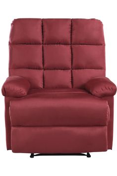 a red reclining chair with pillows on it's back and arms, facing the camera