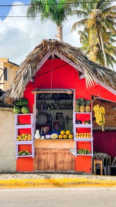 a fruit stand with bananas, oranges and melons on the counter in front of a palm tree