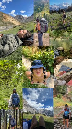 the collage shows people hiking and relaxing