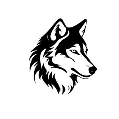 a wolf's head is shown in black and white