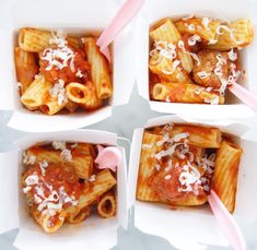 four white boxes filled with different types of pasta