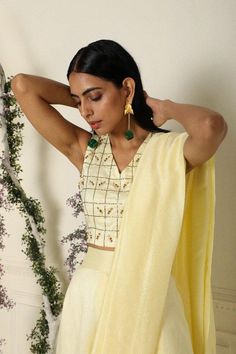 Lemon Yellow Draped Saree with Stitched Blouse Set of 2 - Trendroots Pre Draped Saree, Yellow Drapes, Green Anarkali, Draped Saree, Drape Saree, Lemon Yellow, Embroidered Blouse, Best Deal, Raw Silk