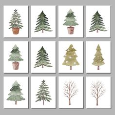 twelve watercolor christmas trees on white paper