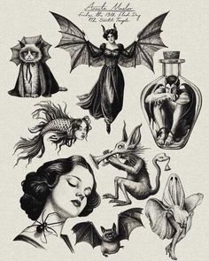 an old fashion drawing of various items from the past, including perfume bottles and bats