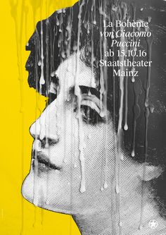 a poster with the image of a woman's face covered in dripping water on yellow background