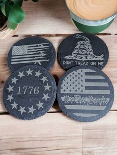 three stone coasters with the words don't tread on me and an american flag