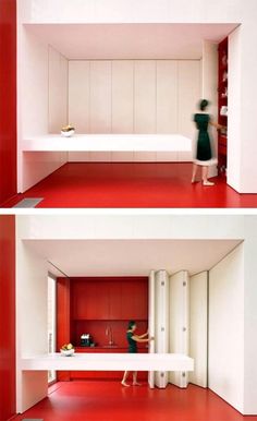 two pictures of the inside of a room with red flooring and white walls, one showing