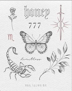 some tattoos with butterflies and scorpions on them