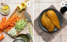 two pictures showing the process of making chicken and vegetables