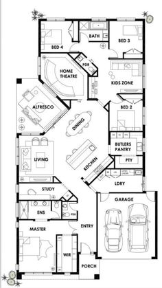 the floor plan for a two story house with three car garages and an attached living area