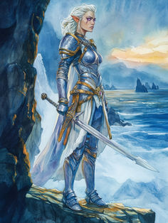 a painting of a woman in armor standing on a rock by the ocean with two swords