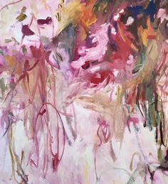 an abstract painting with pink and red colors on it's surface, including flowers