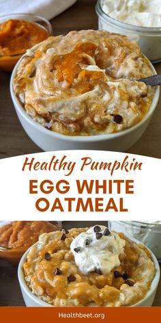 healthy pumpkin egg white oatmeal with chocolate chips and whipped cream on top