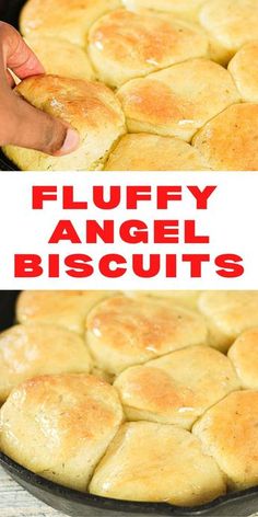 a pan filled with fluffy angel biscuits on top of a wooden table