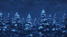 the night sky is filled with stars and snow covered trees