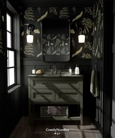 a bathroom with black wallpaper and green vanity