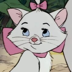 a white cat with a pink bow on its head and eyes looking at the camera