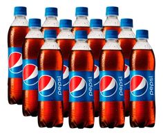 six bottles of pepsi soda are lined up in a row on a white background with blue caps