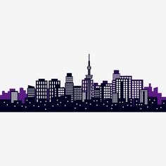 a city skyline is shown in purple and black