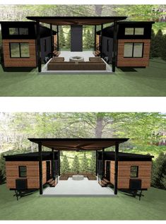 two views of a small house in the woods