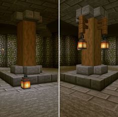 two screens show the same room in minecraft, one with a lantern on it