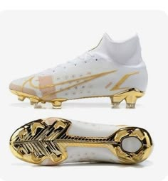 a pair of soccer shoes with gold accents on the bottom and bottom, in white and gold