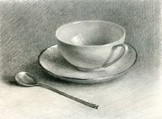 a drawing of a cup and saucer with a spoon