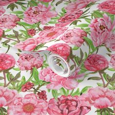 a pink flowered wallpaper with green leaves and red flowers on white background,