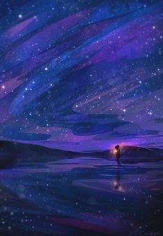 a person standing in the water under a purple and blue sky with stars above them