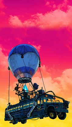 a painting of a bus with a hot air balloon on it's back in the sky