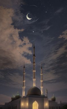 an image of a mosque at night with the moon in the sky