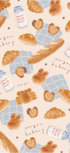 a pattern with bread, milk and other items on it