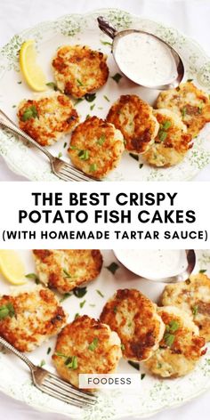 the best crispy potato fish cakes with homemade tartar sauce on a white plate