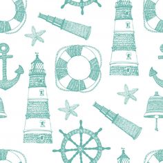 a blue and white drawing of lighthouses, ships wheel, and other items on a white background