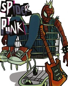 a spider - man sitting in a shopping cart with his legs crossed and holding a guitar