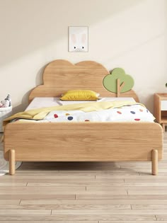 a bed with wooden headboard and foot board in a white walled room, next to two nightstands