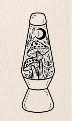 an illustration of a vase with mushrooms and leaves on it, next to a drawing of a moon