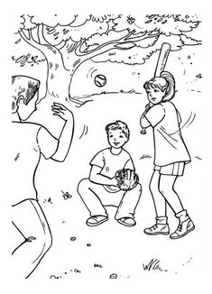 a boy and girl playing baseball in the park coloring page